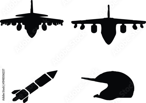 military aircraft and missile set in minimalist black flat design vector illustration