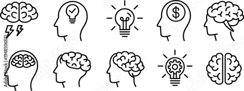 Flat vector illustration, intelligence icons, brain graphic, idea light bulb, human head, mental health, innovation concept, problem solving, creativity symbol, cognitive thinking
