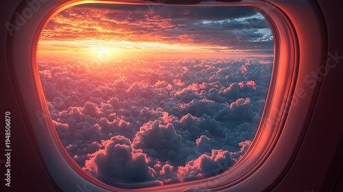 Airplane cabin window sunset sky cloudscape image photo picture