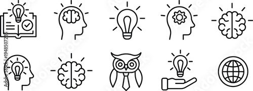 Flat vector illustration, knowledge icons, learning symbols, idea light bulb, human head, brain graphic, education design, innovation concept, wisdom symbol, global knowledge