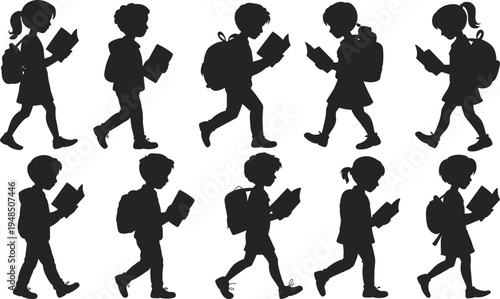 Children reading books silhouettes walking with backpacks education learning school kids black vector illustration isolated on white background