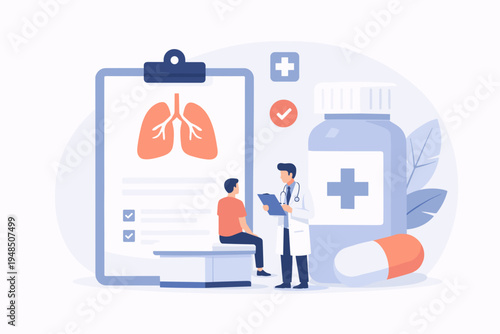 Doctor Reviewing Patient Test Results with Medical Report and Medicine Bottle, Clinical Examination Concept, Healthcare Diagnostics and Treatment, Flat Vector Illustration