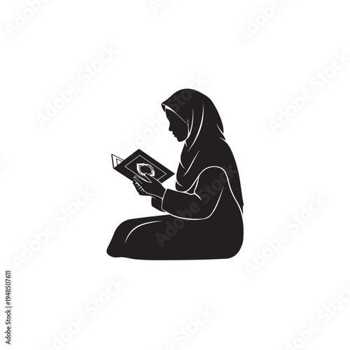 A woman wearing a hijab sitting and reading a book with an ultrasound image