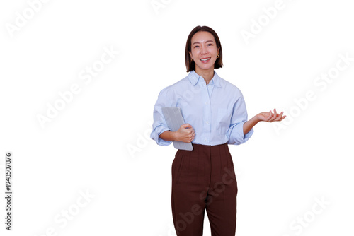 Canvas Print Asian business woman smiling and presenting with tablet while standing, showing