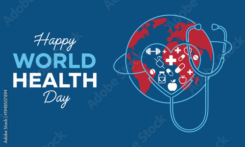 World health day awareness illustration with heart and stethoscope