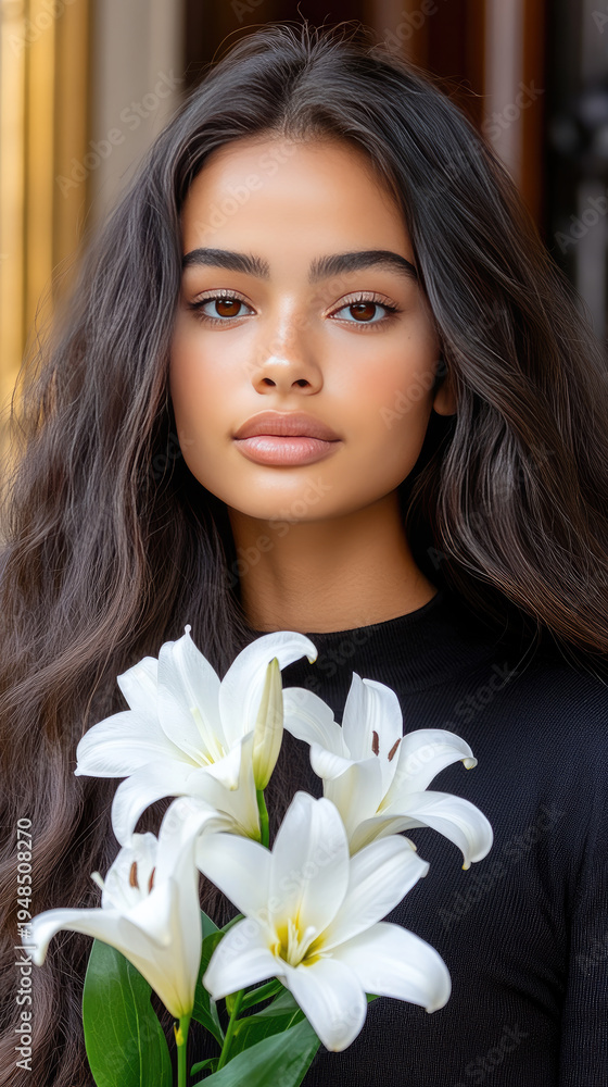 Naklejka premium Young woman gracefully holding white lilies, conveying purity and spiritual devotion with a gentle expression, her dark hair and elegant simple attire highlighting a timeless essence