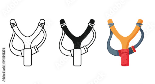 Three colorful illustrations of slingshots in black and white, black, and orange with gray and red accents against a clean white background.