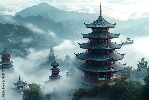Ancient Asian pagoda temple in misty mountain valley image photo picture