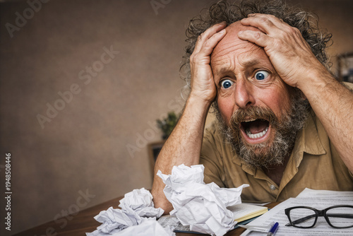 Verzweifelter Mann mit zerzaustem Haar am Schreibtisch inmitten von Papierknäueln