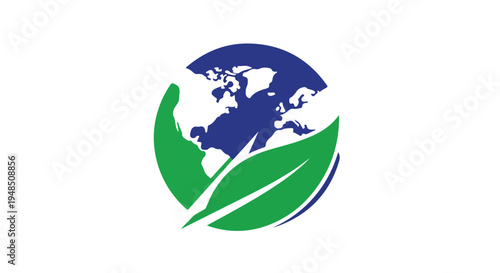 Graphic illustration of a blue and white globe with green leaves on a white background, symbolizing eco-friendliness and sustainability.