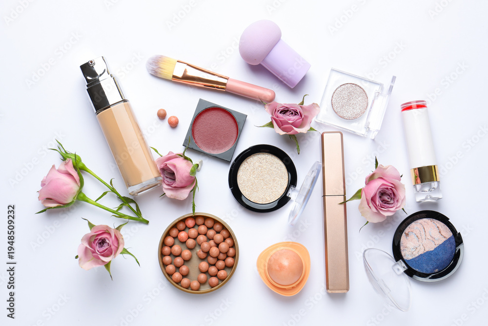 Naklejka premium Spring composition with different makeup products and pink roses on white background, flat lay
