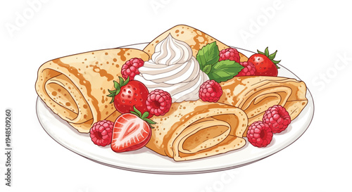A plate of rolled crepes with strawberries, raspberries, and whipped cream on a white background in a flat lay composition with a sweet and appetizing mood.