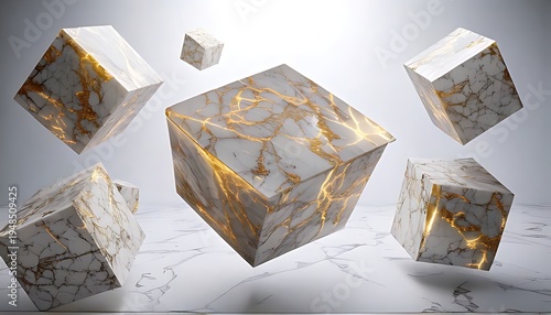 Cubes with intricate gold vein patterns, floating against a soft background, creating a luxurious and artistic composition