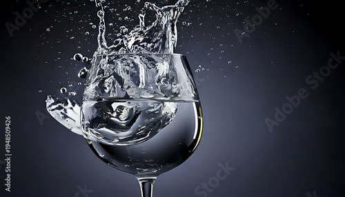 Crystal glass partially filled with water, disturbed by a forceful impact, resulting in a dynamic splash. Dark background