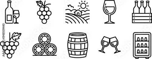 Flat vector illustration of wine and vineyard icons, grapes, wine glass, bottle, barrel, vineyard field, winery, drinks, celebration