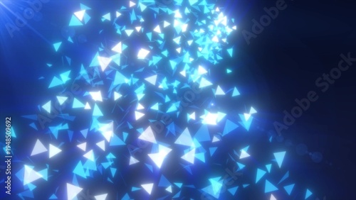 Fotografie Abstract flying small blue luminous fragments bright glass triangles particles shiny energetic magical on a dark background