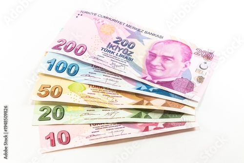 Turkish Lira Banknotes Fan Display on White Background