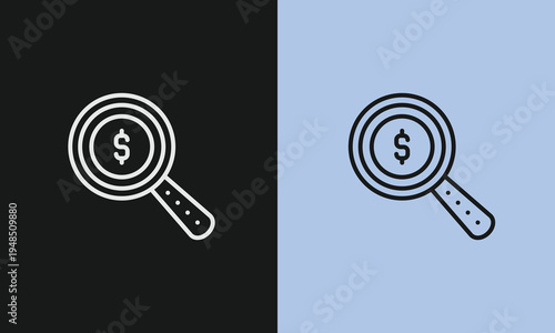 Minimalist Financial Audit and Money Search Line Icon, Professional Magnifying Glass Currency Discovery, Business Revenue Investigation, and Investment Analysis Vector Illustration.