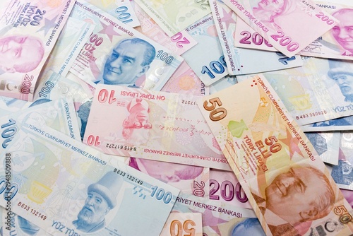 Turkish Lira Banknotes Mixed Denominations Flat Lay