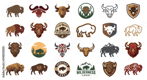 Collection of various stylized bison illustrations, featuring different designs and poses.
