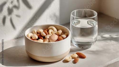  bowl with mixed nuts and a glass of water, bright daylight