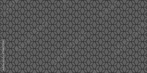 Dark grey abstract wide horizontal banner with hexagon carbon fiber grid and orange luminous lines. Technology vector background with orange neon lines