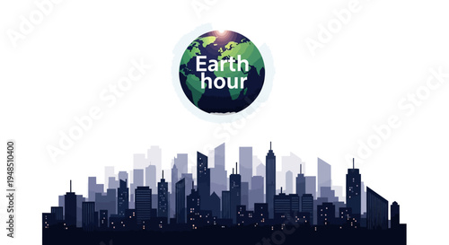 Illustration of a city skyline with buildings going dark for Earth Hour, a global sustainability campaign, with a globe and Earth Hour logo above, conveying eco-friendly and environmental