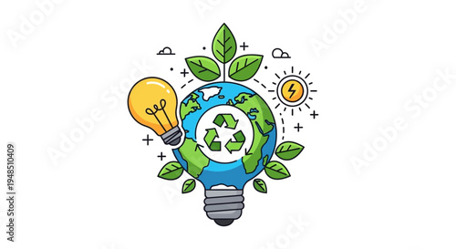 Illustration of a green and blue globe wrapped around a lightbulb with recycling symbol, surrounded by leaves, lightbulb, and sun icons for Earth Hour climate action and sustainability
