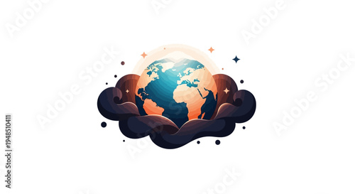Illustration of a hand cradling the Earth with cityscape silhouette at sunset, symbolizing Earth Hour and sustainability efforts globally