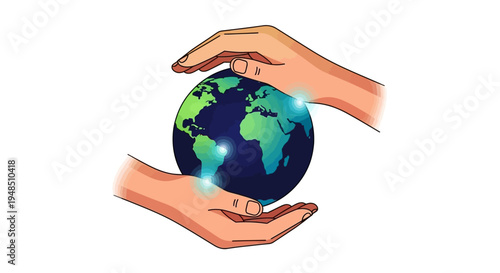Illustration of two hands cradling a globe with green continents and blue oceans on a white background, symbolizing Earth Hour climate action and sustainability