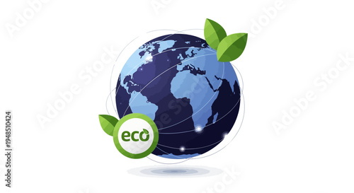 Illustration of a globe with green leaves and an eco logo, symbolizing Earth Hour climate action and sustainability concept
