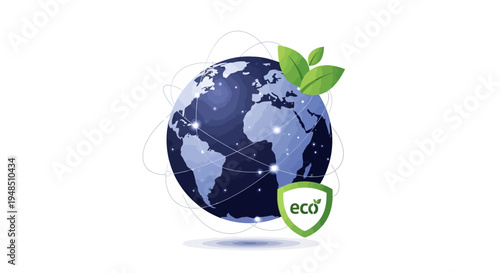 Vector illustration of a globe with a green leaf and eco logo, symbolizing Earth Hour climate action and sustainability concept