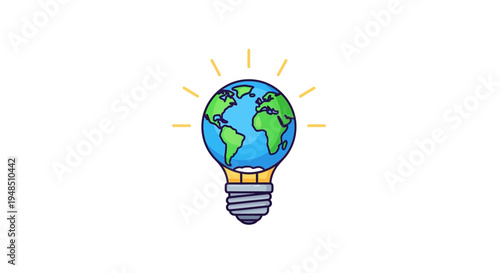 Illustration of a globe inside a glowing light bulb with yellow rays on a white background representing Earth Hour climate action and sustainability concept