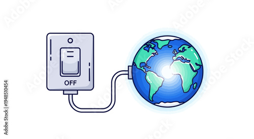 Illustration of a light switch turning off a glowing blue and green Earth with a white background