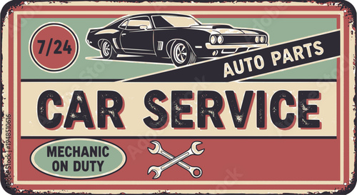 Vintage car service and gas station sign. Gas station for car, grunge banner illustration. EPS version.