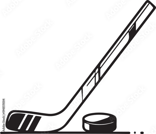 Hockey stick and puck flat icon isolated on white minimalist black outline sports equipment