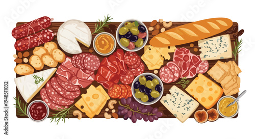 Overhead view of an abundant charcuterie board with cured meats, cheeses, bread, olives, and condiments on a wooden platter against a white background.