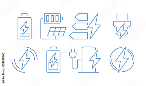 Set of electric charging of various types isolated on white background, energy and power, including battery level, wireless charging, plug socket, electric car, energy monochrome vector illustration.
