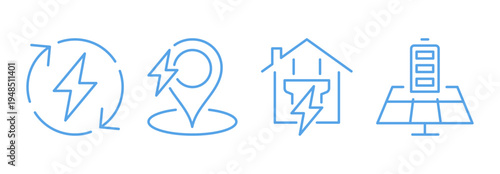 Electric charging patterns and shapes set, line art energy and power, including battery level, wireless charging, plug socket, electric car, energy efficiency flat vector illustration on background.