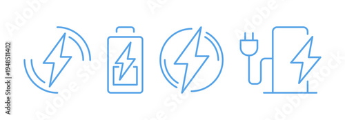 Electric charging patterns and shapes set, line art energy and power, including battery level, wireless charging, plug socket, electric car, energy efficiency flat vector illustration on background.