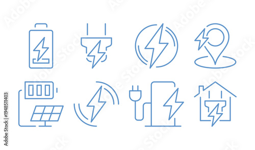 Set of electric charging of various types isolated on white background, energy and power, including battery level, wireless charging, plug socket, electric car, energy monochrome vector illustration.
