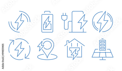 Set of electric charging of various types isolated on white background, energy and power, including battery level, wireless charging, plug socket, electric car, energy monochrome vector illustration.
