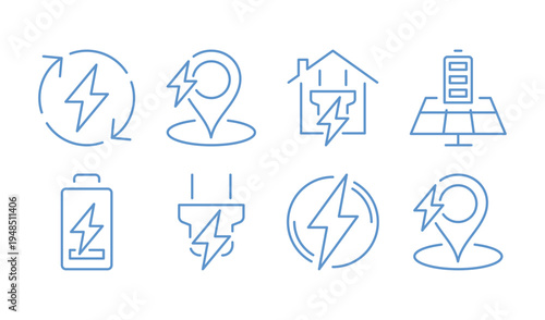 Set of electric charging of various types isolated on white background, energy and power, including battery level, wireless charging, plug socket, electric car, energy monochrome vector illustration.

