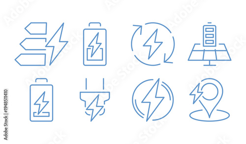 Set of electric charging of various types isolated on white background, energy and power, including battery level, wireless charging, plug socket, electric car, energy monochrome vector illustration.

