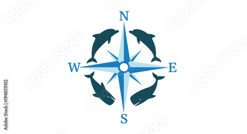 A blue compass with dolphins encircling it on a white background, featuring north, south, east, and west directions.