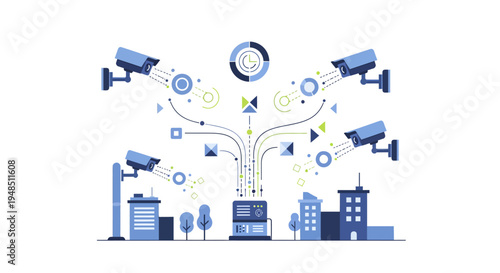 Urban digital surveillance network overseeing smart city data flow, privacy, and infrastructure security with advanced monitoring technology and AI