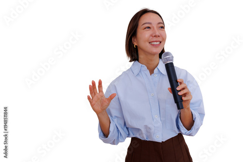 Asian woman speaking into a microphone, sharing ideas, presenting to an audience, inspiring professional public address