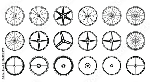 Collection of various wheel designs with different spokes and patterns on a white background.
