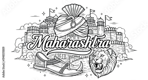 Illustration of a Maharashtra logo with a lion head, slippers, and a spool of thread in front of a castle and flags on a white background.