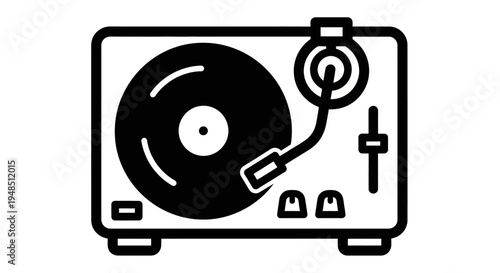 A black and white icon of a vintage record player with a turntable